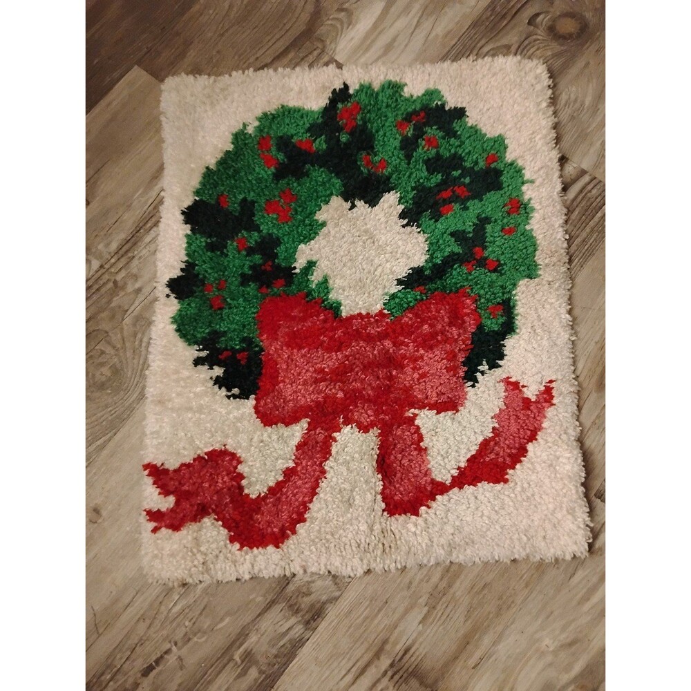 Vintage Hand Made Hooked Rug of an Elegant Christmas Wreath 24" by 28"